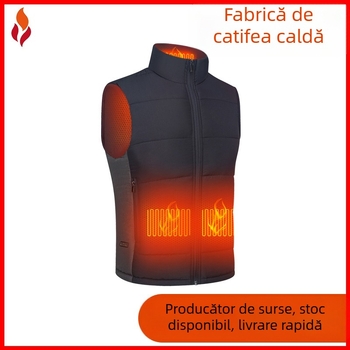 Vestă încălzită electric pentru adulți, cu guler înalt, umplutură din bumbac, material exterior poliester, tiv drept, pentru timp liber în aer liber