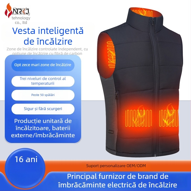 Vestă încălzită electric pentru adulți, cu guler înalt, umplutură din bumbac, material exterior poliester, tiv drept, pentru timp liber în aer liber