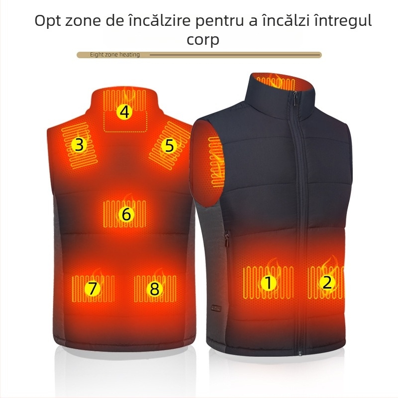 Vestă încălzită electric pentru adulți, cu guler înalt, umplutură din bumbac, material exterior poliester, tiv drept, pentru timp liber în aer liber