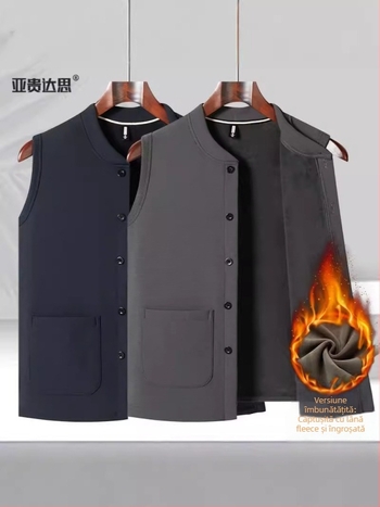 Vesta pentru bărbați cu fleece, căptușită din poliester, stil cardigan, pentru toamnă și iarnă, pentru bărbați de vârstă mijlocie și în vârstă