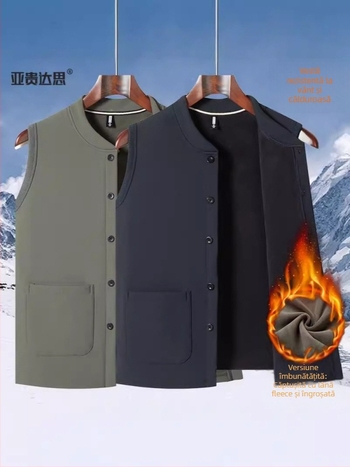Vesta pentru bărbați cu fleece, căptușită din poliester, stil cardigan, pentru toamnă și iarnă, pentru bărbați de vârstă mijlocie și în vârstă