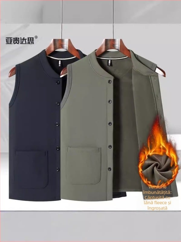 Vesta pentru bărbați cu fleece, căptușită din poliester, stil cardigan, pentru toamnă și iarnă, pentru bărbați de vârstă mijlocie și în vârstă