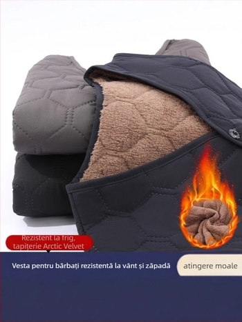 Vestă căptușită din bumbac pentru bărbați de vârstă mijlocie și în vârstă — rezistentă la vânt, călduros, fără glugă, croială lejeră, buzunare 3D