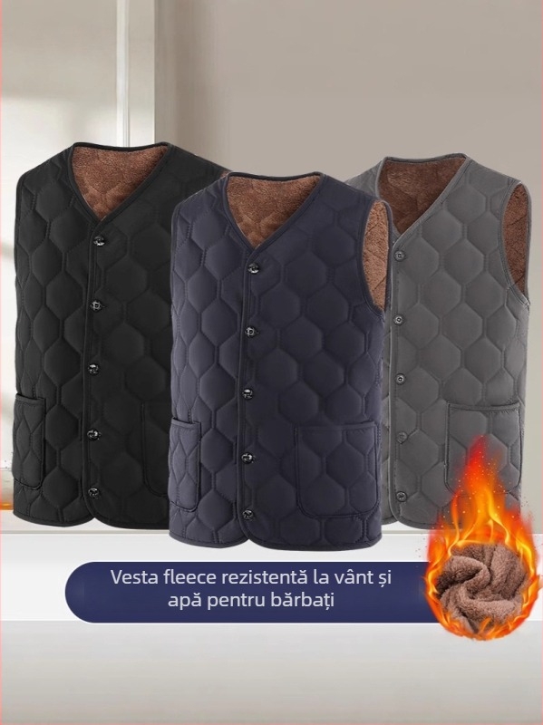 Vestă căptușită din bumbac pentru bărbați de vârstă mijlocie și în vârstă — rezistentă la vânt, călduros, fără glugă, croială lejeră, buzunare 3D