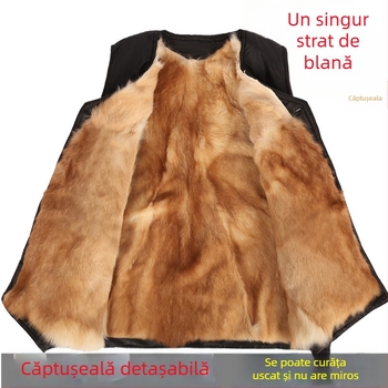 Vesta din blană de oaie reală, căptușită cu polar gros, croială dreaptă, nasturi pe un rând, fără glugă, pentru iarnă