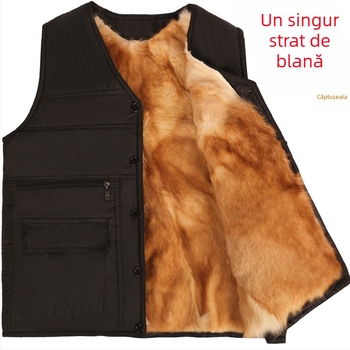 Vesta din blană de oaie reală, căptușită cu polar gros, croială dreaptă, nasturi pe un rând, fără glugă, pentru iarnă