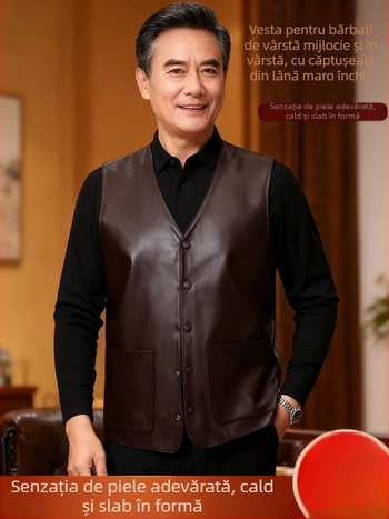 Vestă din piele naturală cu căptușeală din fleece, țesătură principală din lână, croială lejeră de tip cardigan, decolteu în V, închidere cu nasturi, buzunare cu pată tridimensională — îmbrăcăminte de iarnă pentru bărbați adulți
