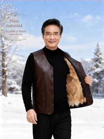 Vestă din piele naturală cu căptușeală din fleece, țesătură principală din lână, croială lejeră de tip cardigan, decolteu în V, închidere cu nasturi, buzunare cu pată tridimensională — îmbrăcăminte de iarnă pentru bărbați adulți