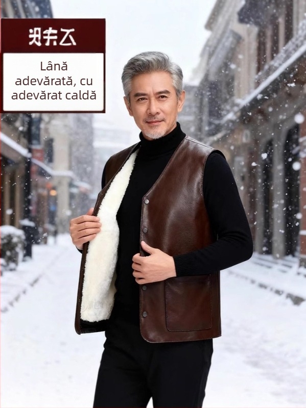 Vestă din piele naturală cu căptușeală din fleece, țesătură principală din lână, croială lejeră de tip cardigan, decolteu în V, închidere cu nasturi, buzunare cu pată tridimensională — îmbrăcăminte de iarnă pentru bărbați adulți