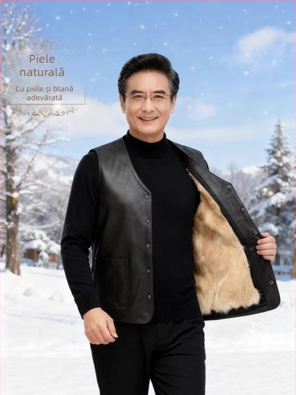 Vestă din piele naturală cu căptușeală din fleece, țesătură principală din lână, croială lejeră de tip cardigan, decolteu în V, închidere cu nasturi, buzunare cu pată tridimensională — îmbrăcăminte de iarnă pentru bărbați adulți
