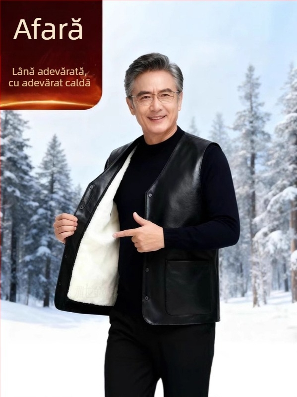 Vestă din piele naturală cu căptușeală din fleece, țesătură principală din lână, croială lejeră de tip cardigan, decolteu în V, închidere cu nasturi, buzunare cu pată tridimensională — îmbrăcăminte de iarnă pentru bărbați adulți