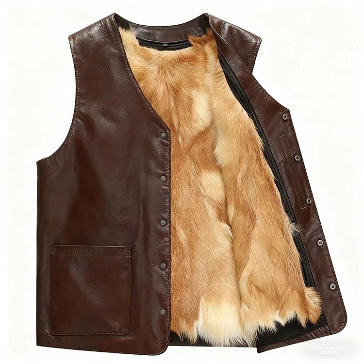 Vestă din piele naturală cu căptușeală din fleece, țesătură principală din lână, croială lejeră de tip cardigan, decolteu în V, închidere cu nasturi, buzunare cu pată tridimensională — îmbrăcăminte de iarnă pentru bărbați adulți