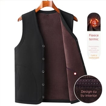 Vesta bărbați cu fleece pentru toamnă-iarnă, umplutură din bumbac, fără glugă, culoare solidă, buzunare laterale, poliester