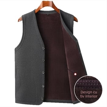 Vesta bărbați cu fleece pentru toamnă-iarnă, umplutură din bumbac, fără glugă, culoare solidă, buzunare laterale, poliester