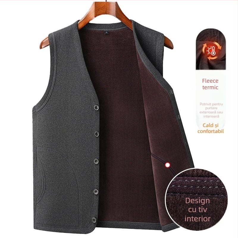 Vesta bărbați cu fleece pentru toamnă-iarnă, umplutură din bumbac, fără glugă, culoare solidă, buzunare laterale, poliester