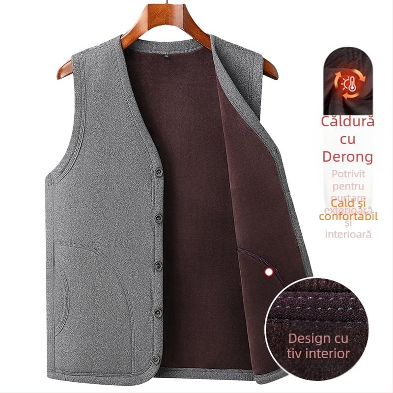 Vesta bărbați cu fleece pentru toamnă-iarnă, umplutură din bumbac, fără glugă, culoare solidă, buzunare laterale, poliester
