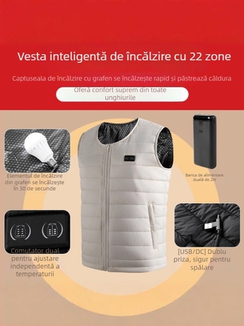 Vestă electrică cu încălzire pentru pescuit în aer liber și ciclism în timpul iernii, căptușită cu fleece, umplutură de bumbac, exterior poliester, fără glugă, croială dreaptă, lungime 50–65 cm