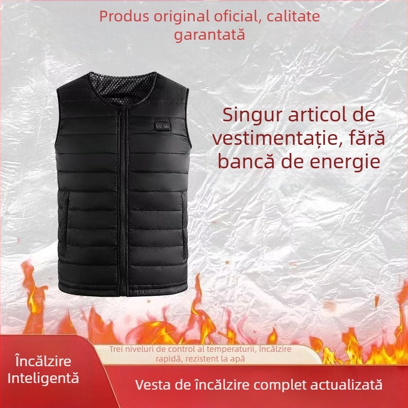 Vestă electrică cu încălzire pentru pescuit în aer liber și ciclism în timpul iernii, căptușită cu fleece, umplutură de bumbac, exterior poliester, fără glugă, croială dreaptă, lungime 50–65 cm