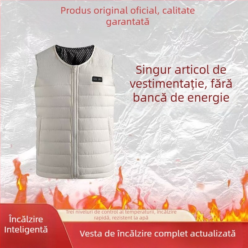 Vestă electrică cu încălzire pentru pescuit în aer liber și ciclism în timpul iernii, căptușită cu fleece, umplutură de bumbac, exterior poliester, fără glugă, croială dreaptă, lungime 50–65 cm