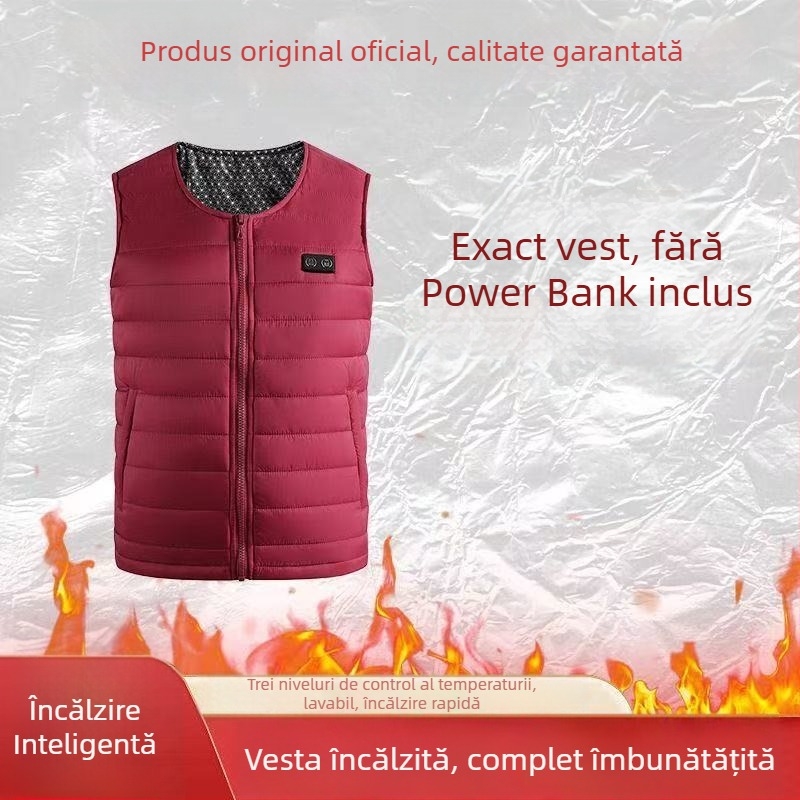 Vestă electrică cu încălzire pentru pescuit în aer liber și ciclism în timpul iernii, căptușită cu fleece, umplutură de bumbac, exterior poliester, fără glugă, croială dreaptă, lungime 50–65 cm