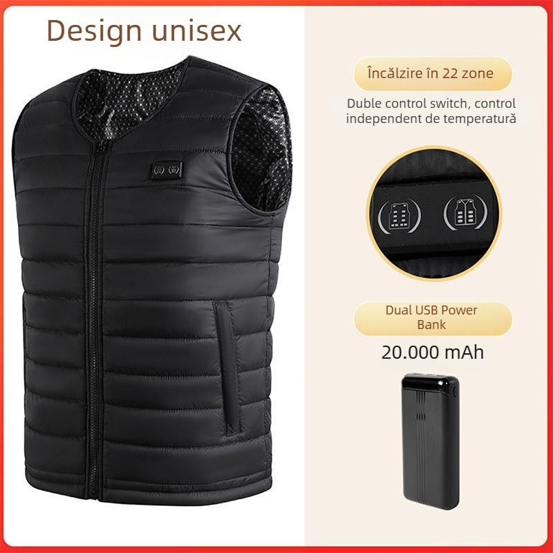 Vestă electrică cu încălzire pentru pescuit în aer liber și ciclism în timpul iernii, căptușită cu fleece, umplutură de bumbac, exterior poliester, fără glugă, croială dreaptă, lungime 50–65 cm