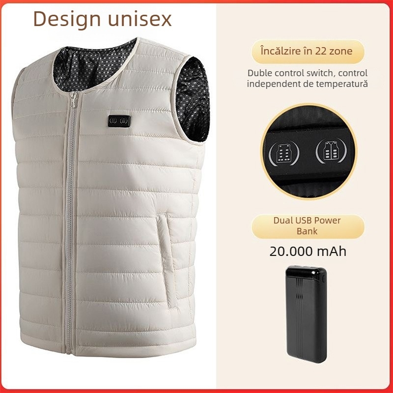 Vestă electrică cu încălzire pentru pescuit în aer liber și ciclism în timpul iernii, căptușită cu fleece, umplutură de bumbac, exterior poliester, fără glugă, croială dreaptă, lungime 50–65 cm