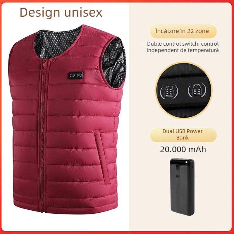 Vestă electrică cu încălzire pentru pescuit în aer liber și ciclism în timpul iernii, căptușită cu fleece, umplutură de bumbac, exterior poliester, fără glugă, croială dreaptă, lungime 50–65 cm