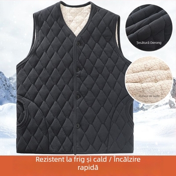 Vestă bărbătească din fleece pentru iarnă, decolteu în V, croială lejeră, nasturi pe un rând, quilt, buzunare cu cusături contrastante