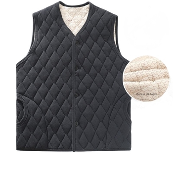 Vestă bărbătească din fleece pentru iarnă, decolteu în V, croială lejeră, nasturi pe un rând, quilt, buzunare cu cusături contrastante