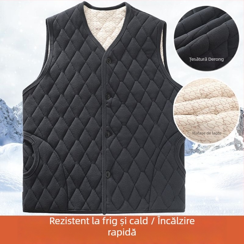 Vestă bărbătească din fleece pentru iarnă, decolteu în V, croială lejeră, nasturi pe un rând, quilt, buzunare cu cusături contrastante