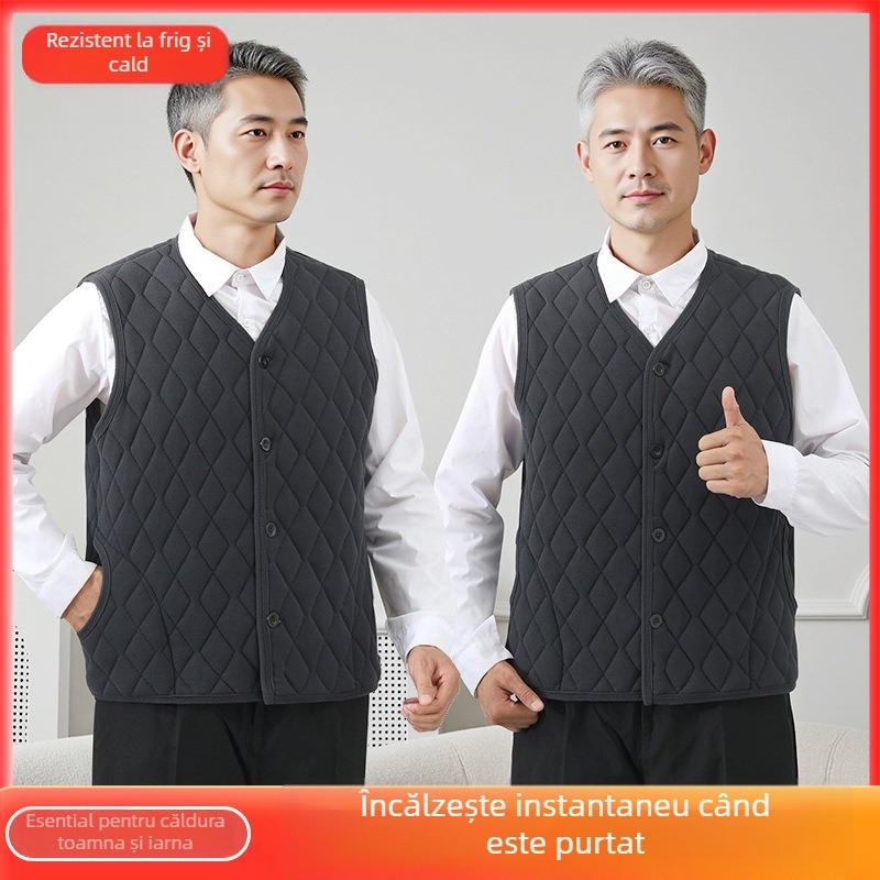 Vestă bărbătească din fleece pentru iarnă, decolteu în V, croială lejeră, nasturi pe un rând, quilt, buzunare cu cusături contrastante
