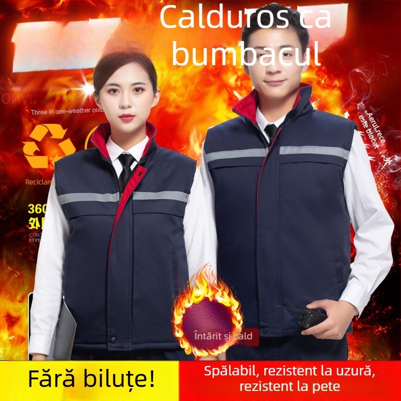 Gilet de muncă din bumbac căptușit gros, umplutură din mătase-pamuk, fără glugă, buzunare laterale, imprimare, margine dreaptă, pentru bărbați adulți