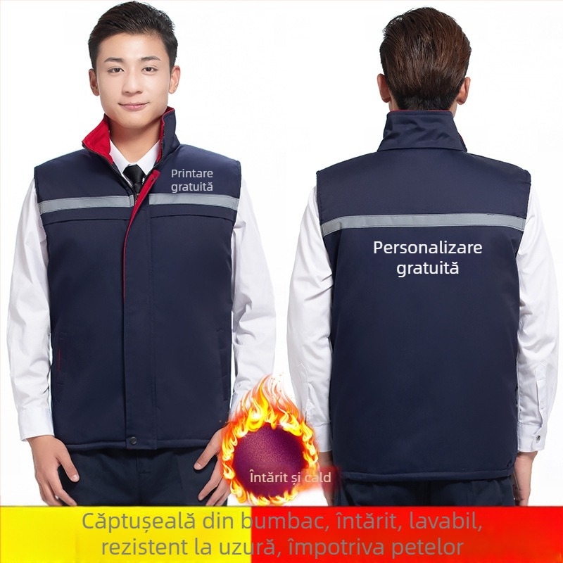 Gilet de muncă din bumbac căptușit gros, umplutură din mătase-pamuk, fără glugă, buzunare laterale, imprimare, margine dreaptă, pentru bărbați adulți