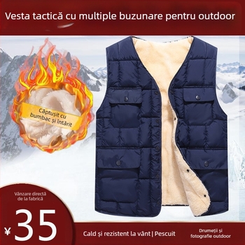 Vestă pentru bărbați căptușită cu fleece din bumbac, cu buzunare multiple, fără glugă, exterior și căptușeală din poliester, tiv drept