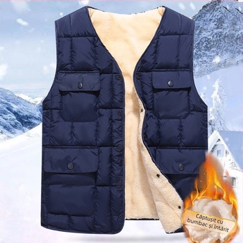 Vestă pentru bărbați căptușită cu fleece din bumbac, cu buzunare multiple, fără glugă, exterior și căptușeală din poliester, tiv drept