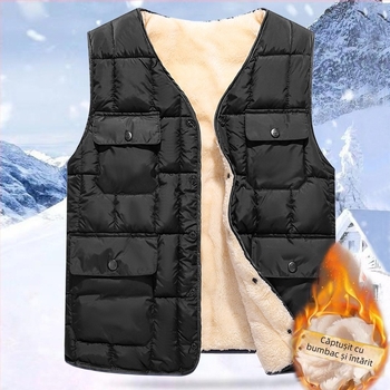 Vestă pentru bărbați căptușită cu fleece din bumbac, cu buzunare multiple, fără glugă, exterior și căptușeală din poliester, tiv drept