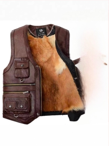 Vestă din piele de vită pentru bărbați, cu buzunare multiple, croială slim, decolteu în V, fermoar (piele de vită; buzunare multiple; croială slim; fermoar; decolteu în V)