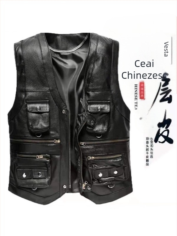 Vestă din piele de vită pentru bărbați, cu buzunare multiple, croială slim, decolteu în V, fermoar (piele de vită; buzunare multiple; croială slim; fermoar; decolteu în V)