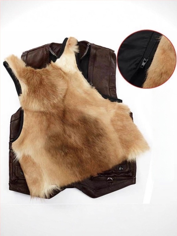 Vestă din piele de vită pentru bărbați, cu buzunare multiple, croială slim, decolteu în V, fermoar (piele de vită; buzunare multiple; croială slim; fermoar; decolteu în V)