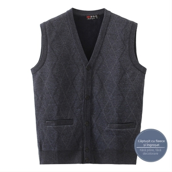 Vesta din fleece pentru bărbați, iarnă, croială lejeră, fără mâneci, decolteu în V
