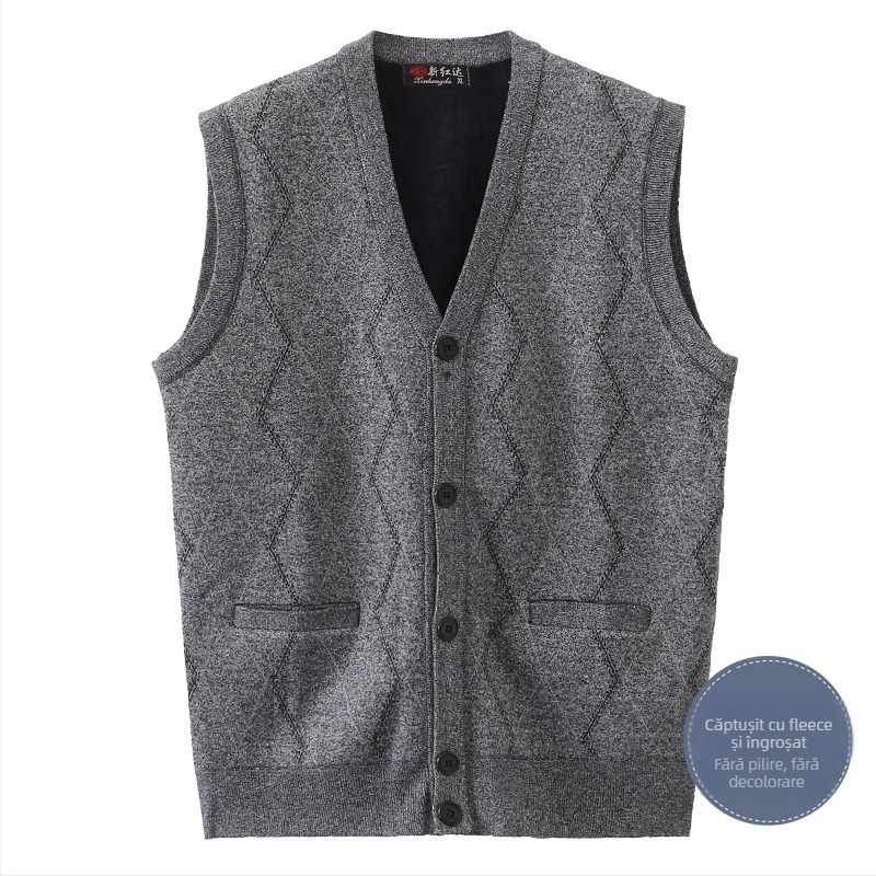 Vesta din fleece pentru bărbați, iarnă, croială lejeră, fără mâneci, decolteu în V