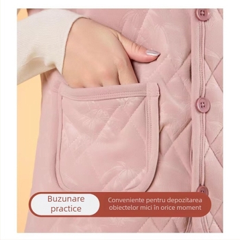 Vesta cu căptușeală din fleece, textură reliefată, model retro floral, țesătură bumbac-poliester cu 80–90% poliester și conținut de lână până la 30%