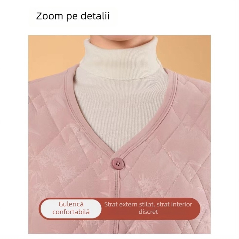 Vesta cu căptușeală din fleece, textură reliefată, model retro floral, țesătură bumbac-poliester cu 80–90% poliester și conținut de lână până la 30%