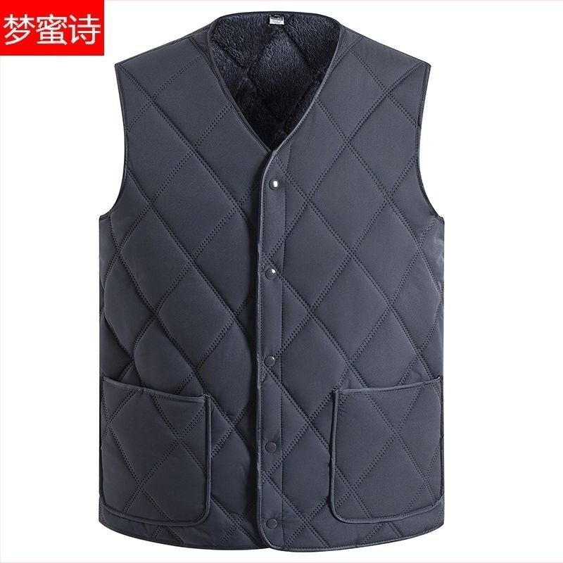 Vestă bărbați cu fleece, căptușită pentru iarnă, guler în V, închidere cu un rând de nasturi, fără glugă, buzunare laterale, tiv drept, culoare uni, material exterior poliester, căptușeală din bumbac