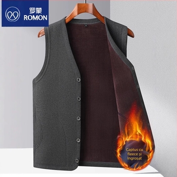 Vesta Romon din fleece pentru bărbați, cu glugă, din amestec de bumbac, cardigan