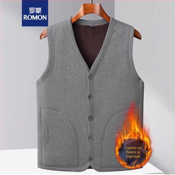 Vesta Romon din fleece pentru bărbați, cu glugă, din amestec de bumbac, cardigan