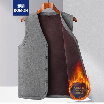 Vesta Romon din fleece pentru bărbați, cu glugă, din amestec de bumbac, cardigan