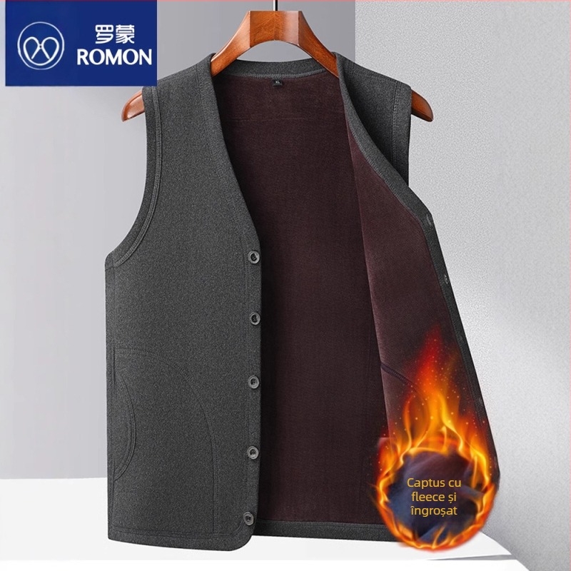Vesta Romon din fleece pentru bărbați, cu glugă, din amestec de bumbac, cardigan