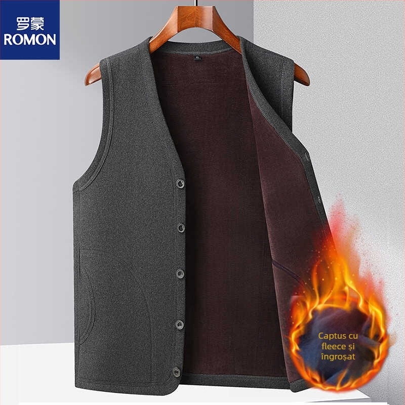 Vesta Romon din fleece pentru bărbați, cu glugă, din amestec de bumbac, cardigan