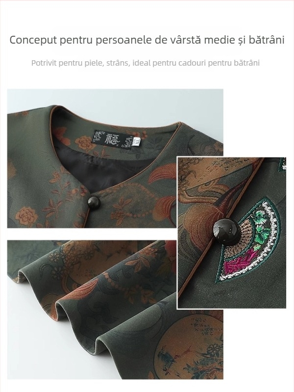 Vestă pentru femei de vârstă mijlocie și în vârstă, imprimeu floral elegant, material poliester, Primăvara 2025